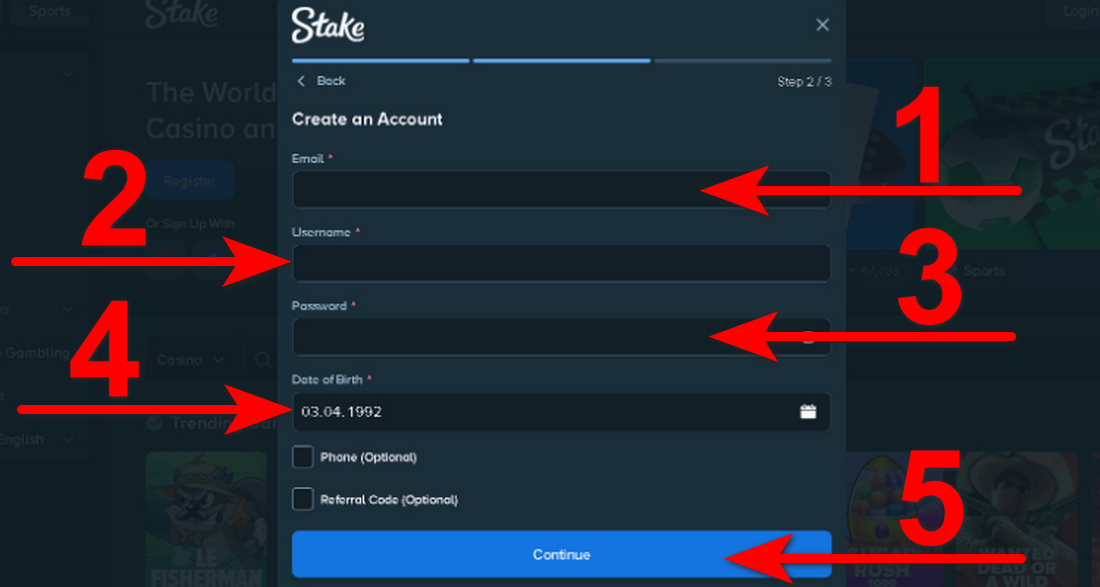 Stake Mines Registration Step 2